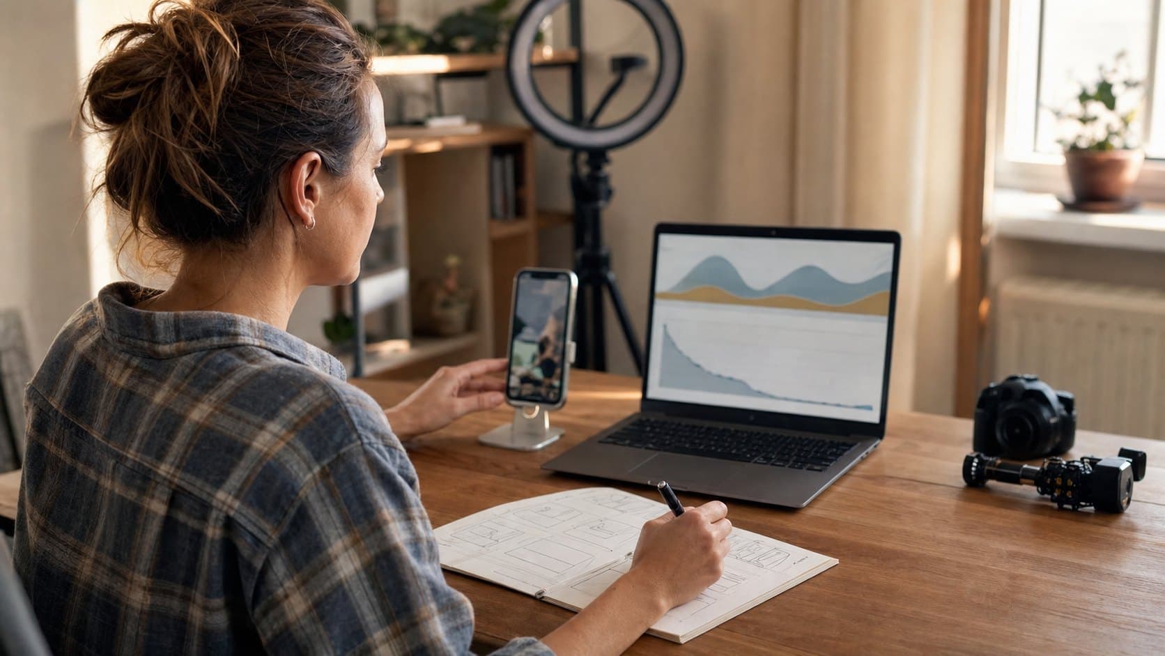 Creator reviewing TikTok performance charts while storyboarding a tighter follow-up video