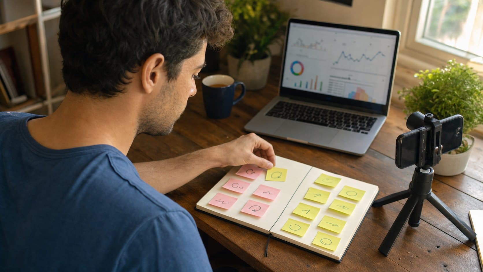 Creator comparing two groups of content ideas beside a phone and analytics laptop