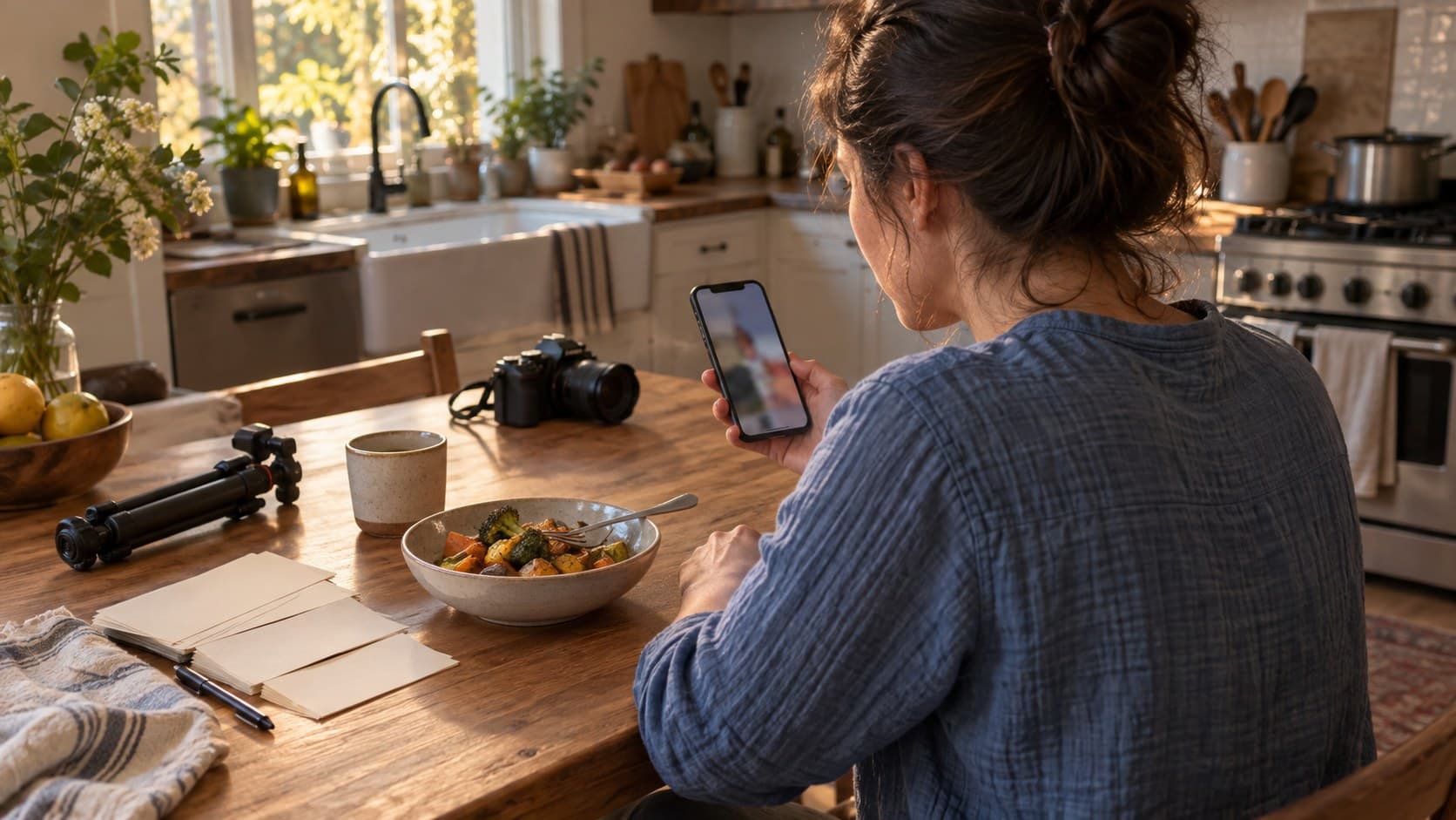 Cooking creator reviewing unused phone footage at a kitchen table beside a camera and roasted vegetables