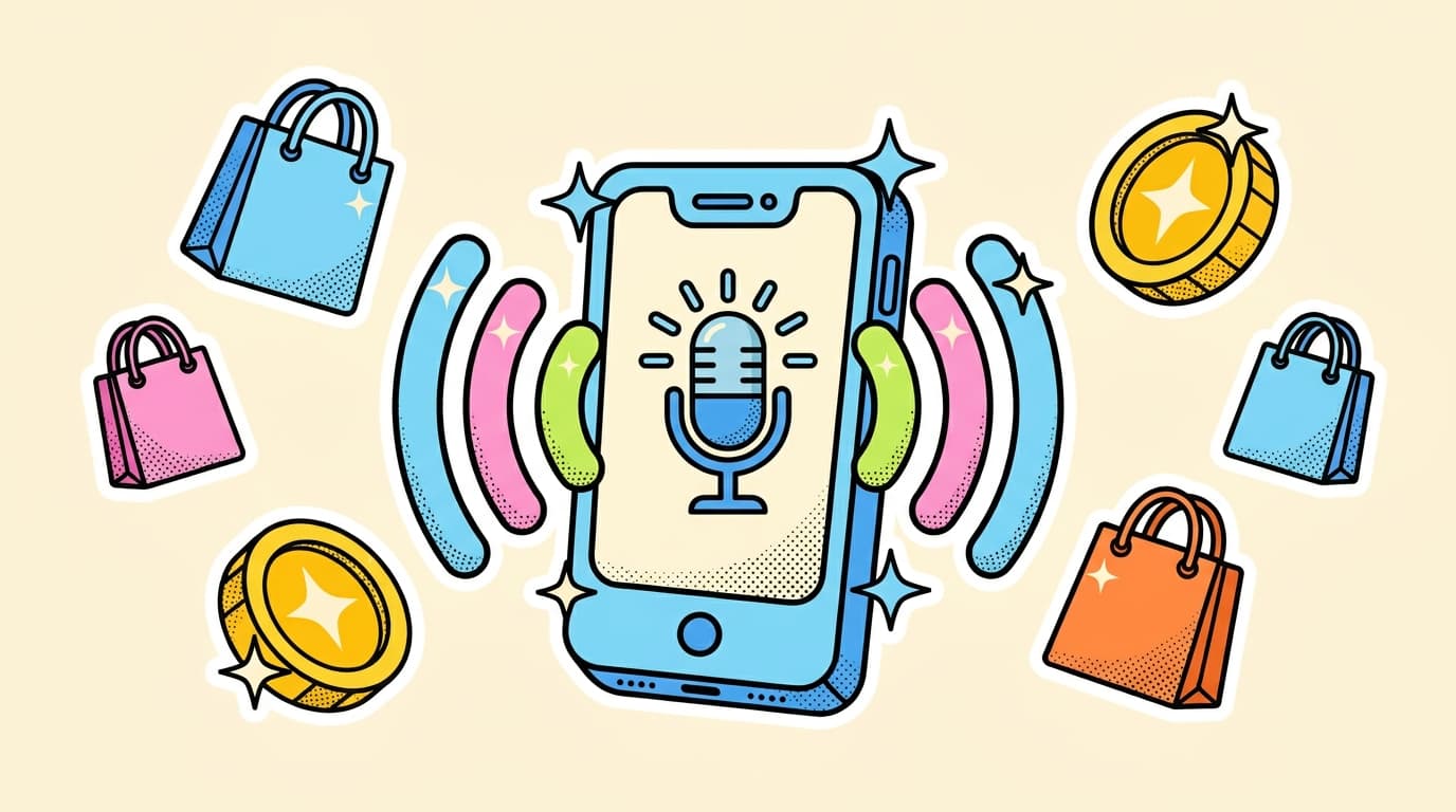 Illustration of a smartphone with a microphone and sound waves surrounded by shopping bags and coins, representing voice-activated shopping for TikTok creators