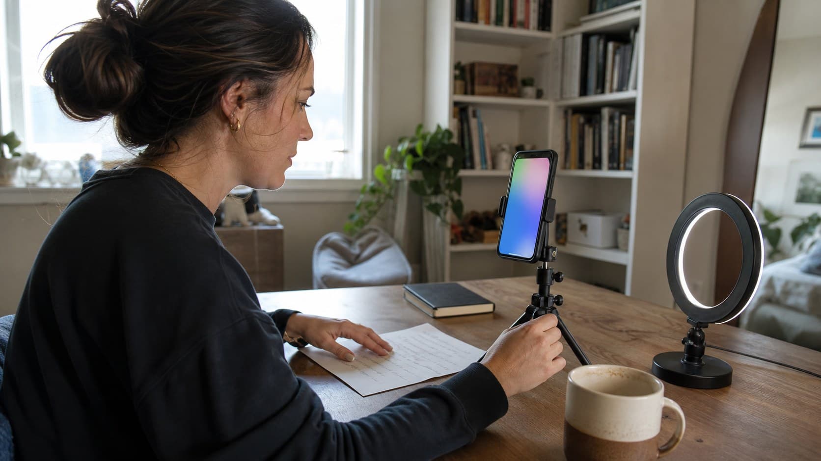 Creator planning a first TikTok video after a break at a sunlit home desk