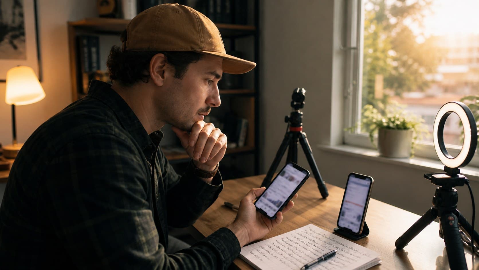 Creator reviewing a follow-up video plan and posting time at a home desk