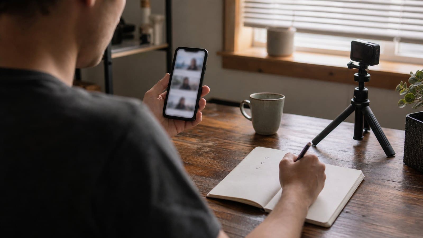 Creator comparing finished TikTok drafts in a notebook at a home workspace