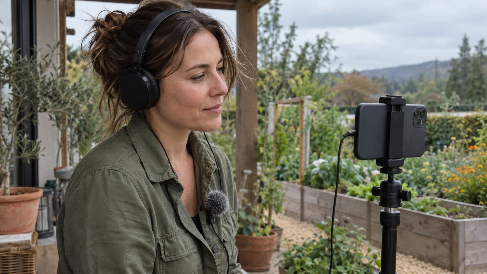 Gardening creator checks outdoor audio beside a tripod-mounted phone, wearing headphones and a furry clip-on microphone.